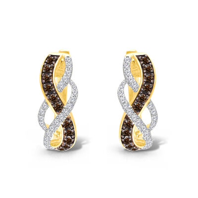 White and Cocoa Diamond 2/5ctw. Ribbon Bypass Earrings in 14k Yellow Gold